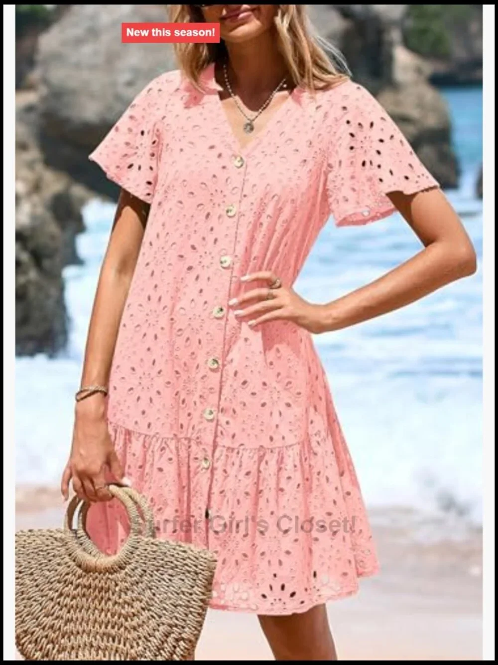 Eyelet Short Sleeve Button Down Babydoll Mini Dress Casual Summer - Picture 4 of 7